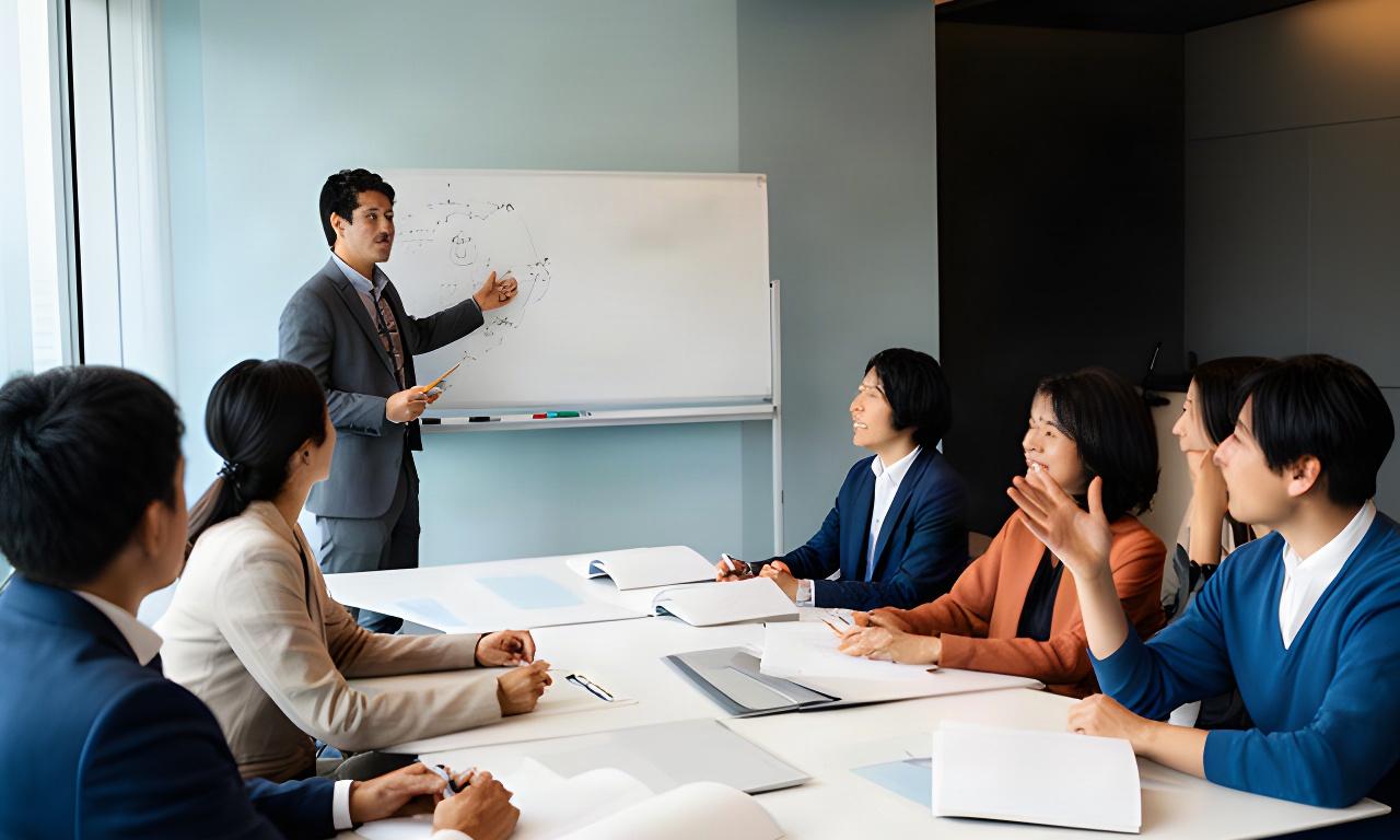 前橋の研修室で講師が管理職に向けてホワイトボードを使い講義する様子