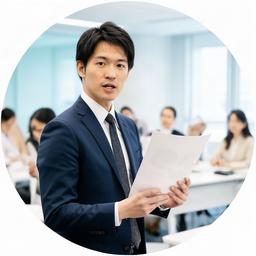 研修室で説明する日本人男性講師、リーダーシップ資料を手にしている様子